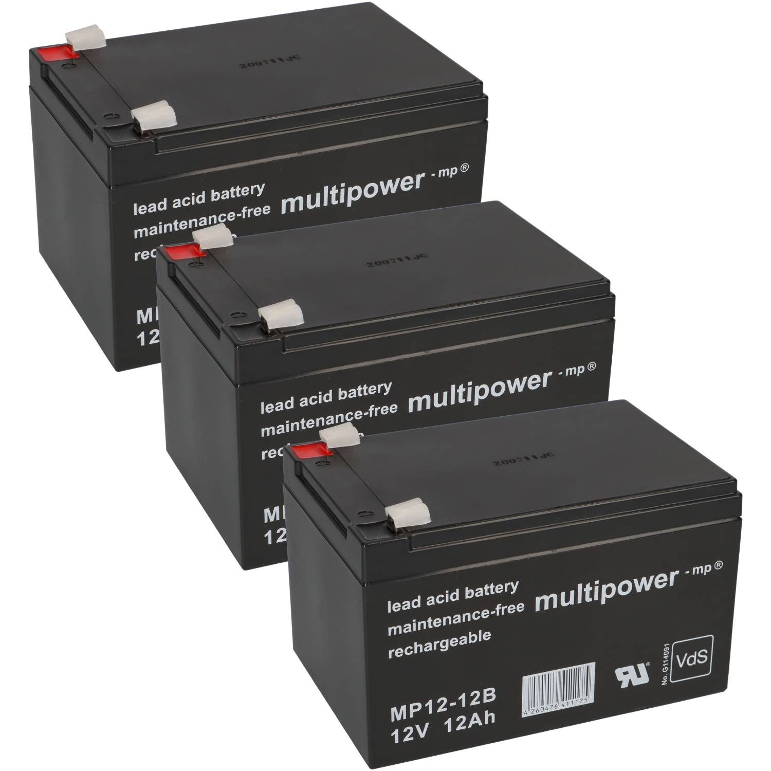 3x Multipower MP12-12B AGM Bleiakku 12V 12Ah – 36V 12Ah Akku-Satz