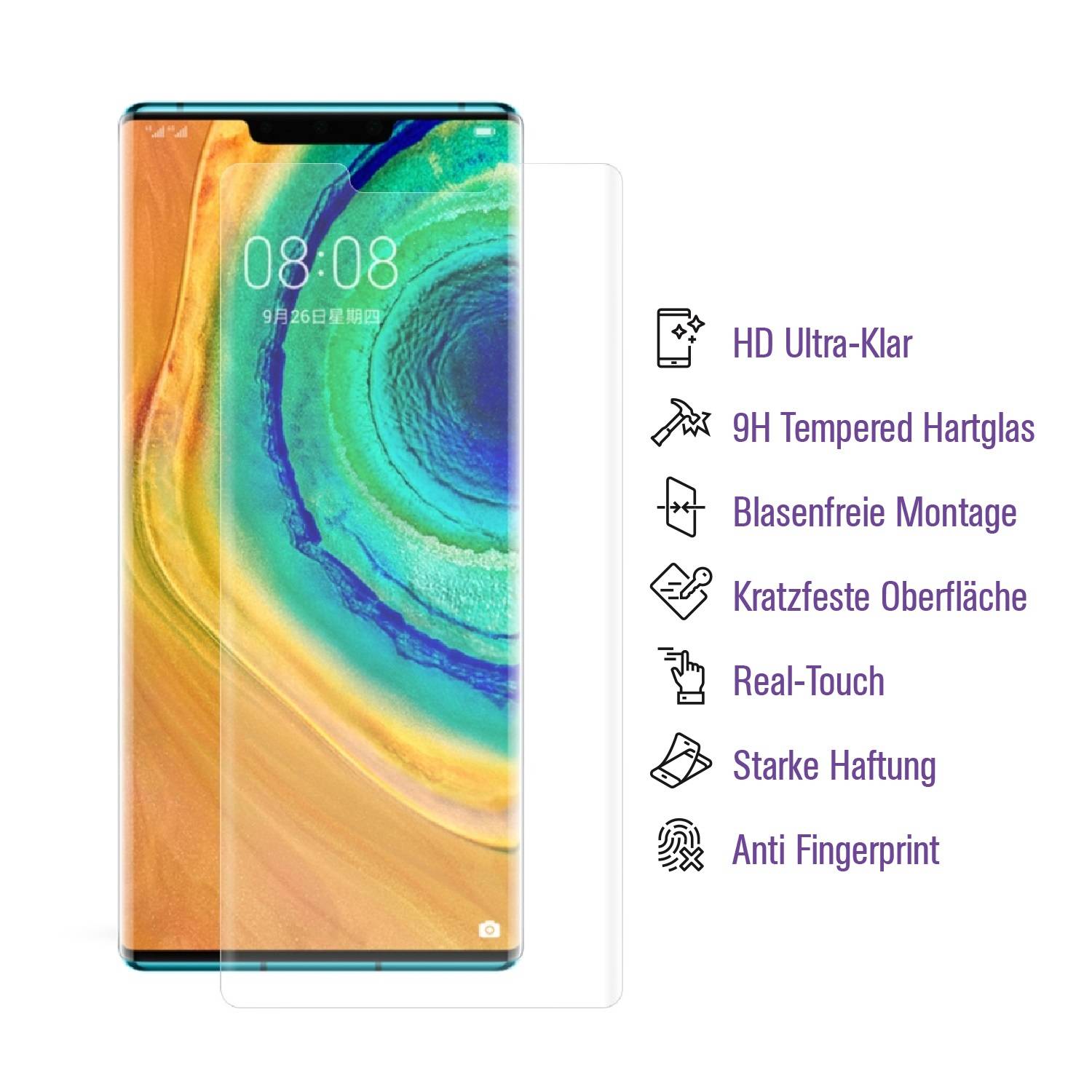 2x UV-Liquid 9H Panzerglas für Huawei Mate 30 Pro 3D KLAR echtes Tempered Panzerhartglas Schutzglas Displayschutz Panzerfolie Schutzfolie Screen