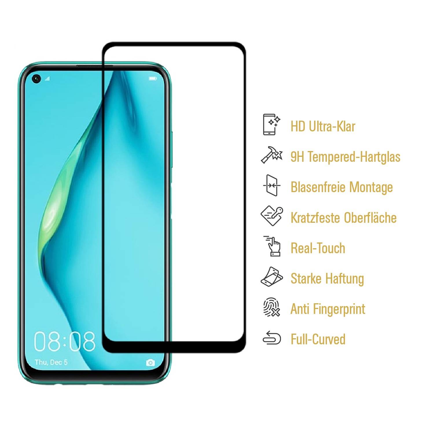 1x 9H Panzerglas für Huawei P40 Lite FULL COVER Displayschutz Panzerfolie Schutzfolie Hartglas Schutzglas Displayglas Tempered Glasfolie