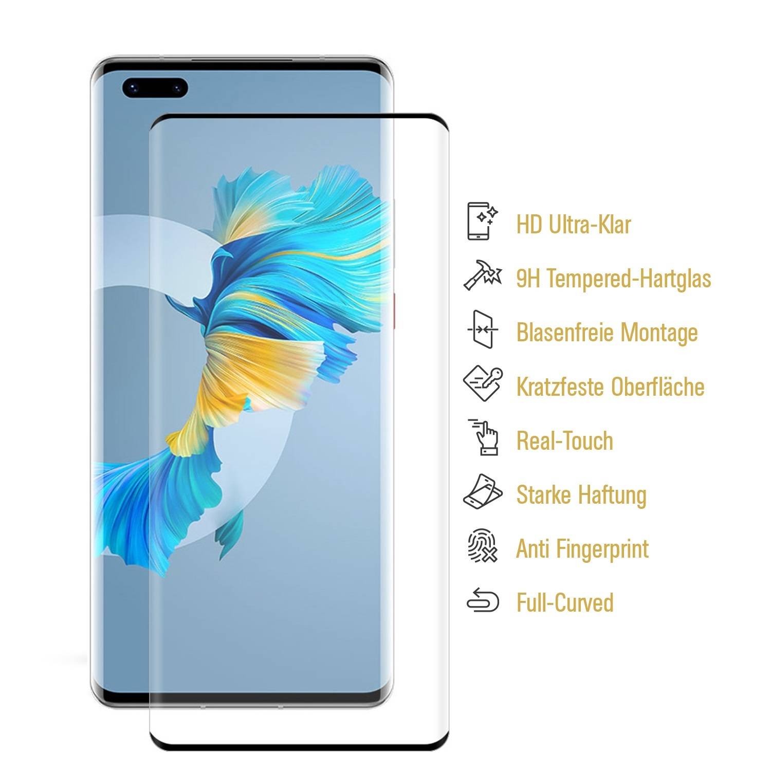 6x 9H Hartglas für Huawei Mate 40 Pro Plus FULL CURVED Schutzglas Schutzfolie Displayschutz Panzerfolie KLAR Panzerglas Tempered echtes Displayglas