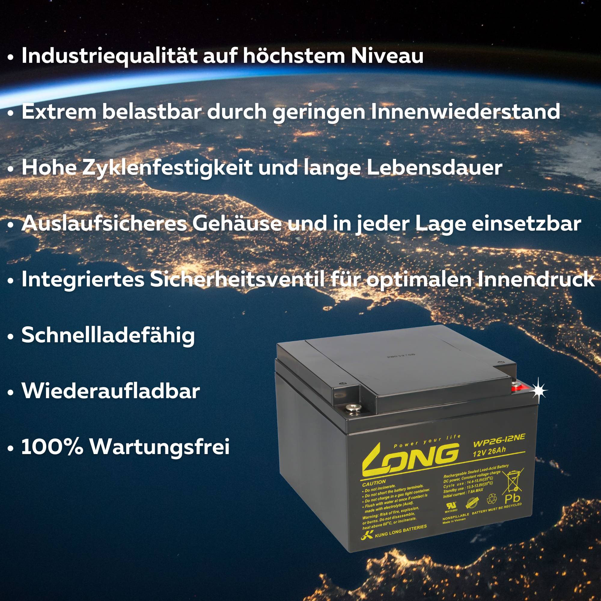 Kung Long WP26-12NE AGM Akku 12V 26Ah – für Elektromobil & Scooter
