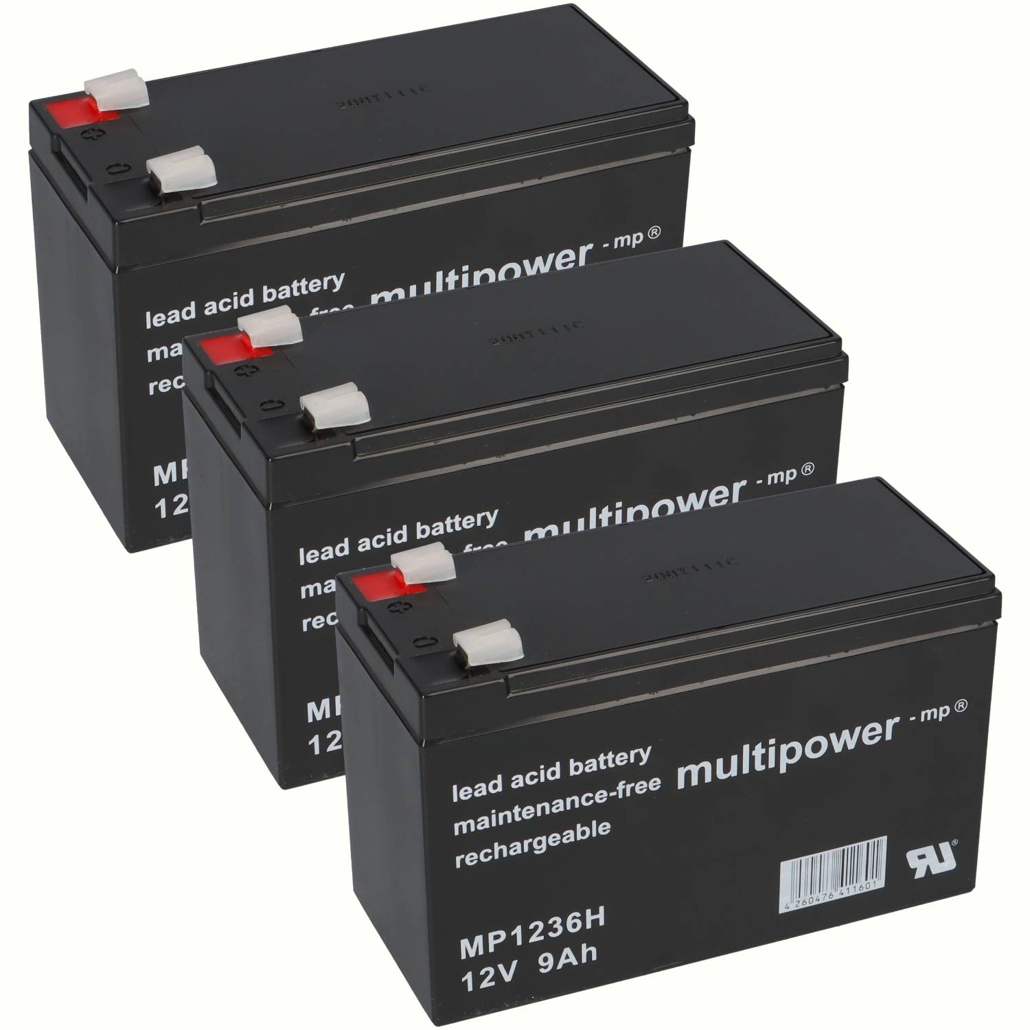 3x Multipower MP1236H 12V 9Ah AGM – passend für Tante Paula Scooter 36V