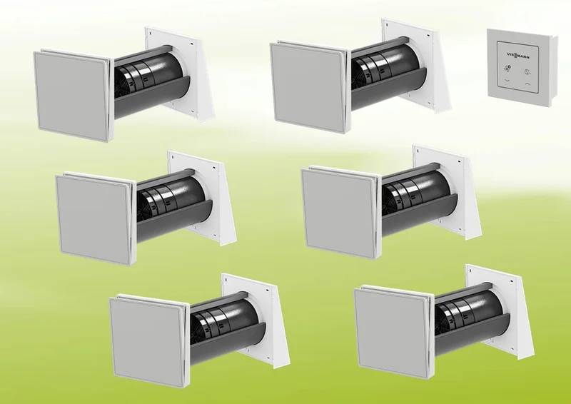 6x Viessmann Vitovent 100-D Typ H40E B55 (L) mit Bedienteil 100-D Leitung Lüftungsset