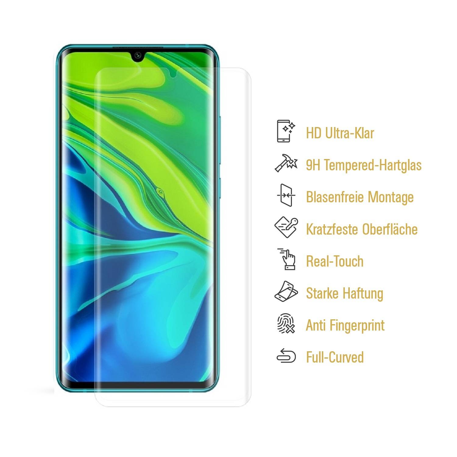 1x 9H Hartglas für Xiaomi Mi Note 10 FULL CURVED Displayschutz Panzerfolie Schutzfolie Panzerglas Schutzglas Displayglas Tempered Glasfolie
