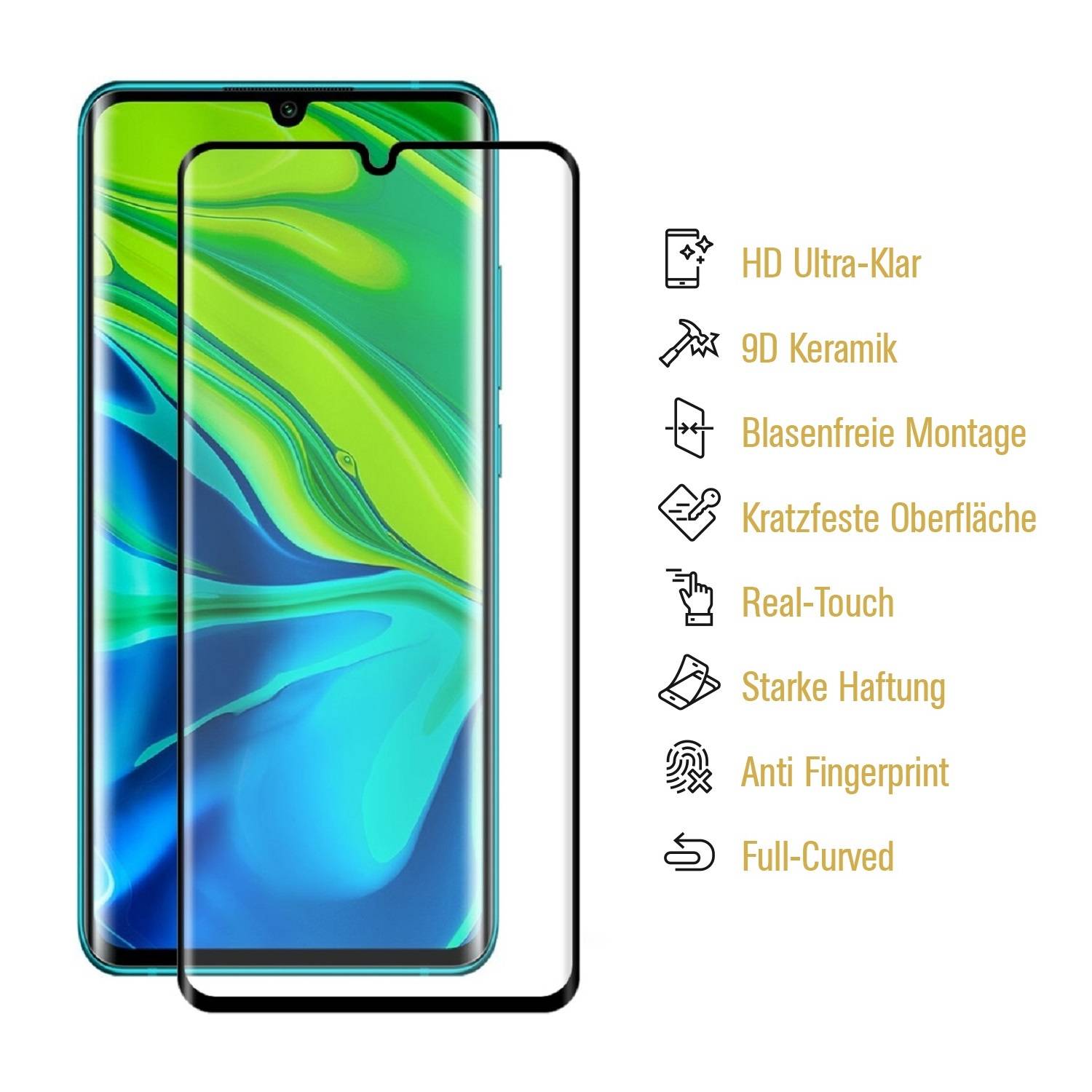 1x 9D Keramik-Glass für Xiaomi Mi Note 10 FULL COVER 3D KLAR Panzerfolie Displayschutz Schutzfolie Ceramic Screen-Protector