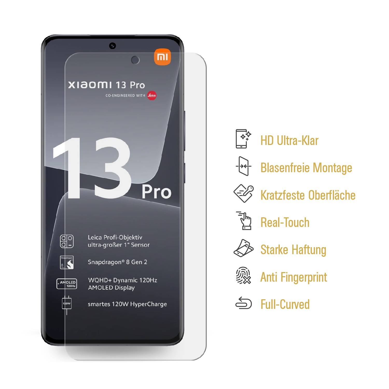 2x Panzerfolie für Xiaomi 13 Pro FULL CURVED Displayschutz Schutzfolie KLAR/ ANTI-SHOCK/ ANTI-KRATZ/ ANTI-BRUCH/ ANTI-SCHMUTZ