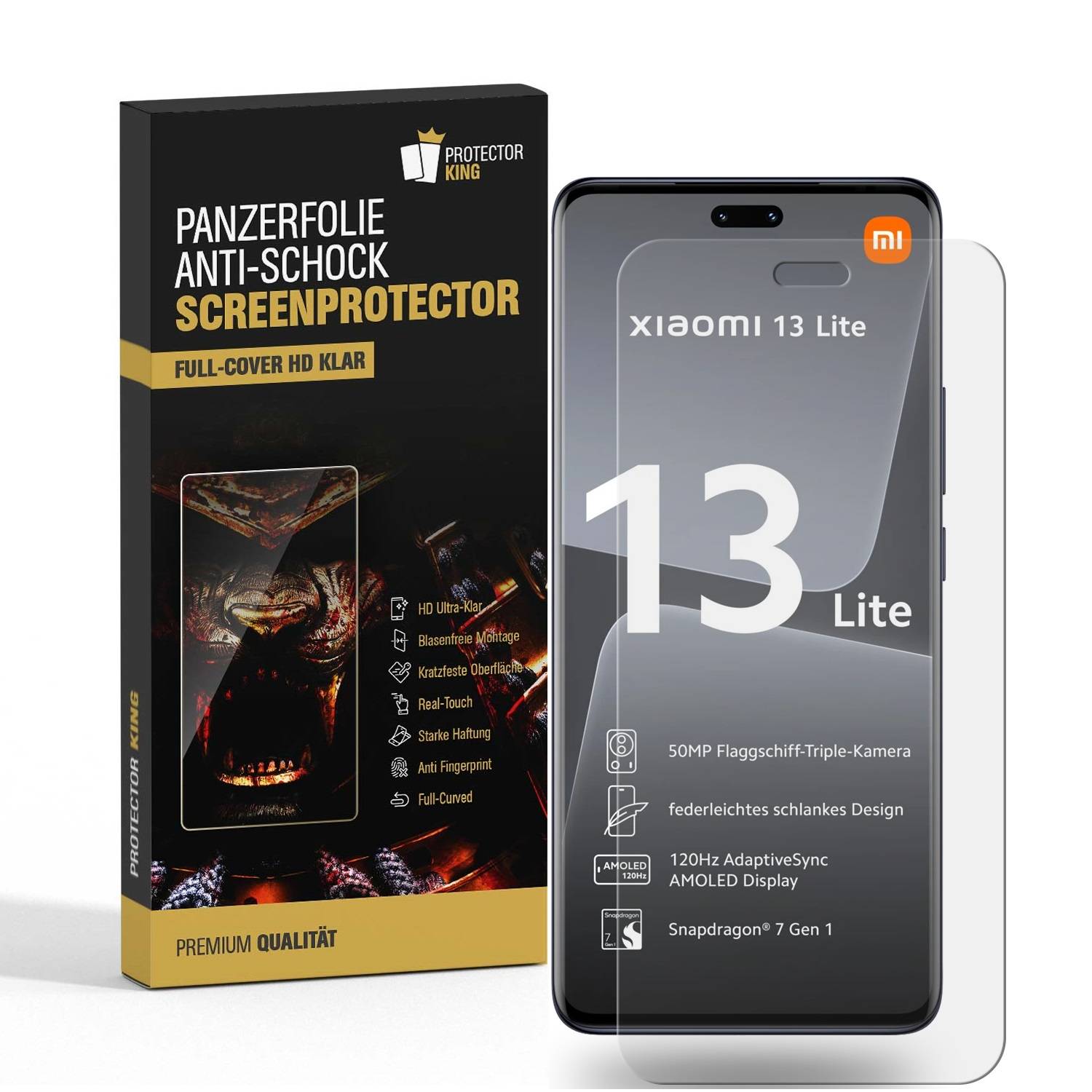 1x Panzerfolie für Xiaomi 13 Lite FULL CURVED Displayschutz Schutzfolie KLAR/ ANTI-SHOCK/ ANTI-KRATZ/ ANTI-BRUCH/ ANTI-SCHMUTZ