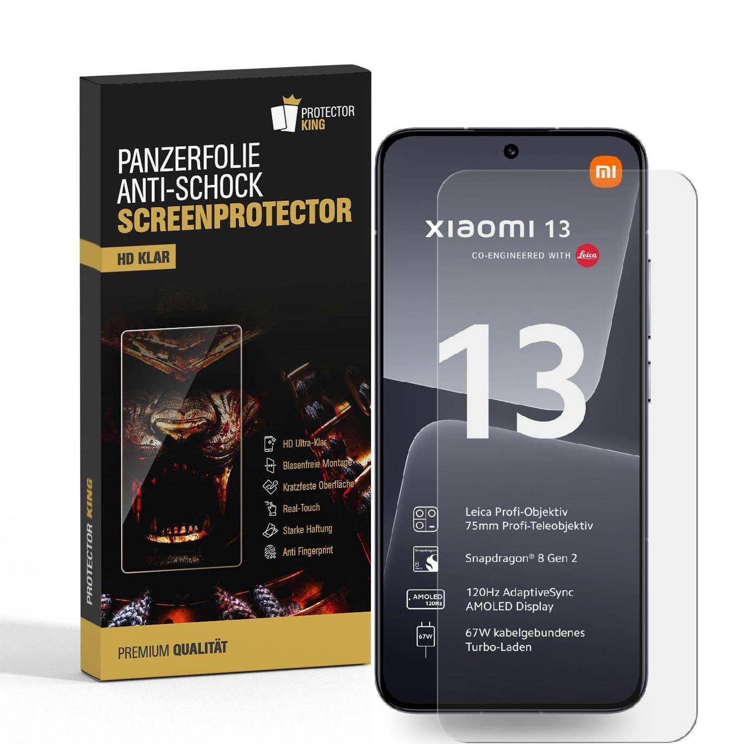 2x Panzerfolie für Xiaomi 13 Displayschutz Schutzfolie KLAR ANTI-SHOCK/ ANTI-KRATZ/ ANTI-BRUCH/ ANTI-SCHMUTZ