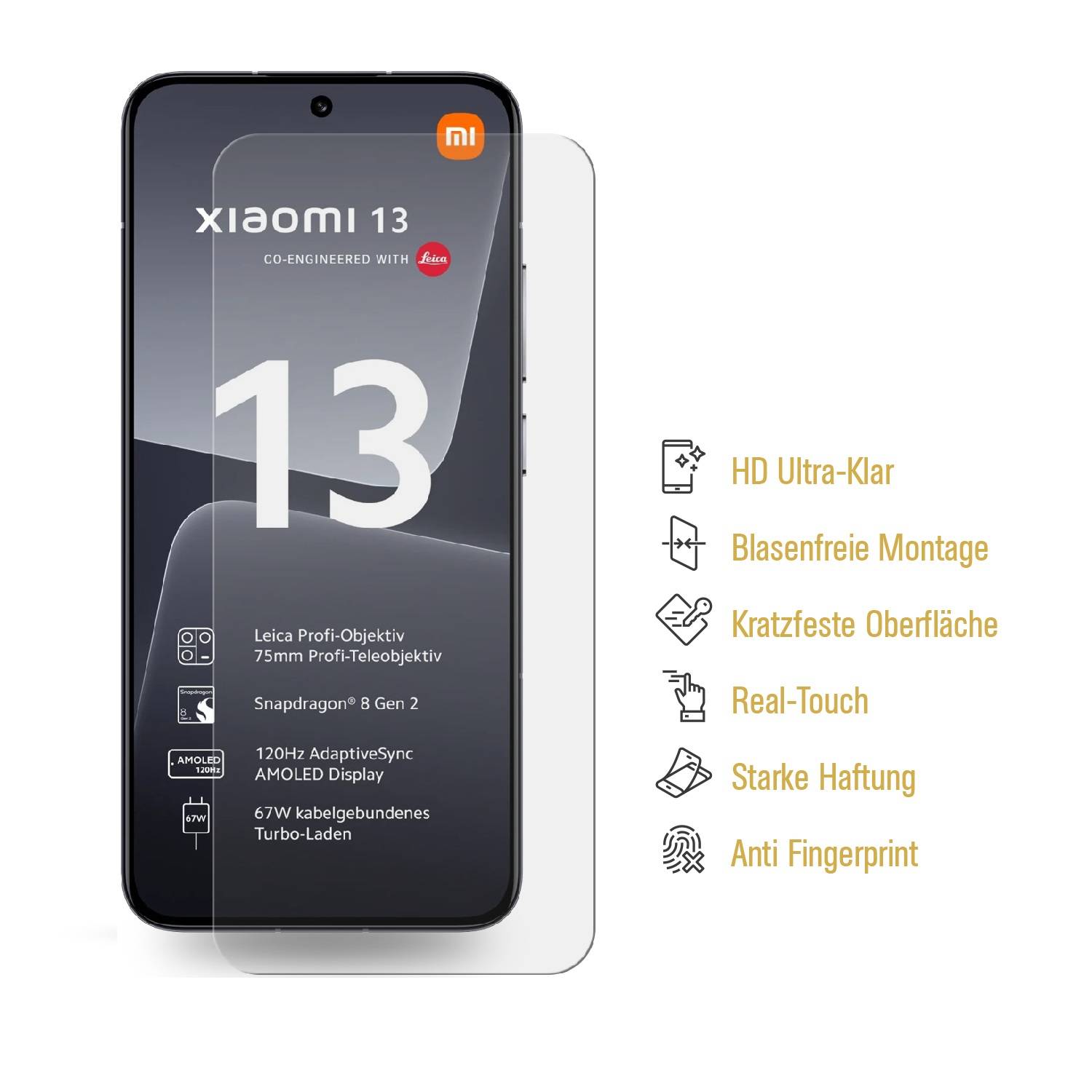 2x Panzerfolie für Xiaomi 13 Displayschutz Schutzfolie KLAR ANTI-SHOCK/ ANTI-KRATZ/ ANTI-BRUCH/ ANTI-SCHMUTZ