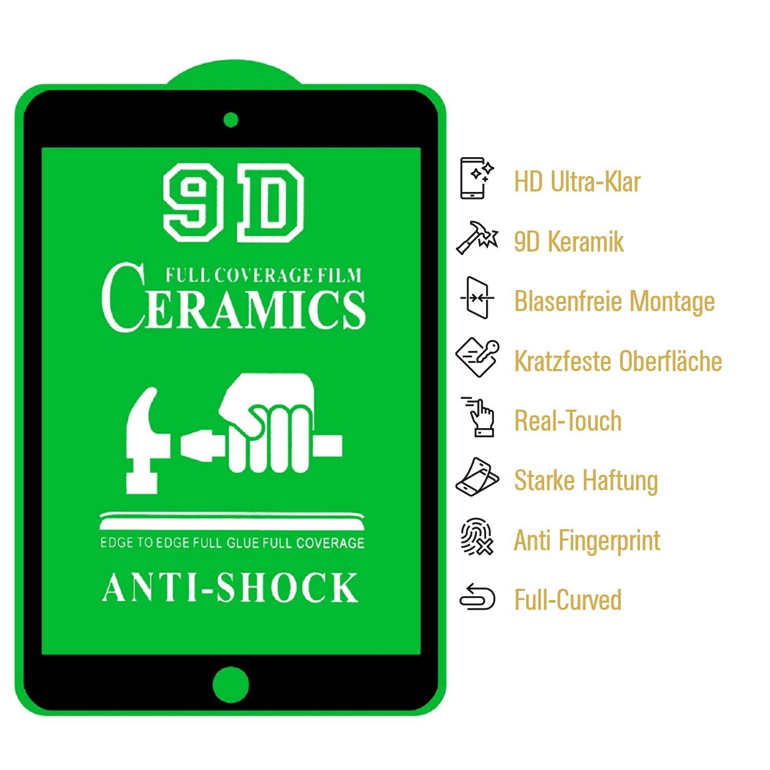 1x 9D Keramik für iPad Mini 2 FULL-COVER Panzerfolie Displayschutz Panzerschutz Schutzfolie Displayfolie Folie ANTI-SHOK ANTI-BRUCH-ANTI-STOß