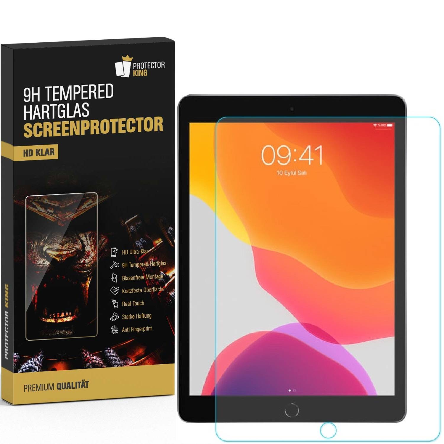 9H Gehärtetes Glas Displayschutz' Verpackung neben einem Tablet mit einem transparent ausgerichteten Displayschutz, der digitale Zeit zeigt.