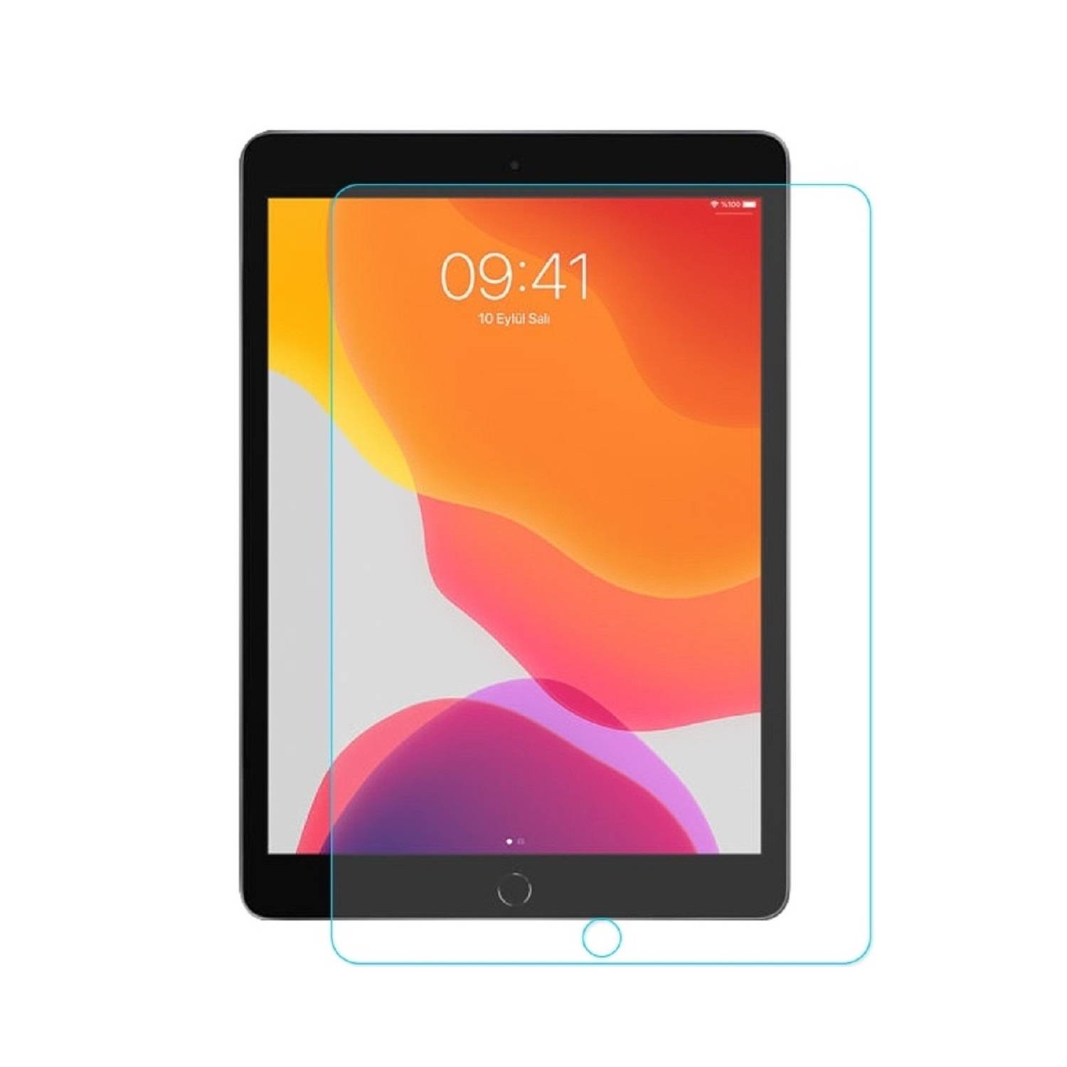 Eine Tablette mit einem bunten Display, das '09:41' zeigt, teilweise von einer transparenten Schutzfolie verdeckt, die darüber ausgerichtet ist.
