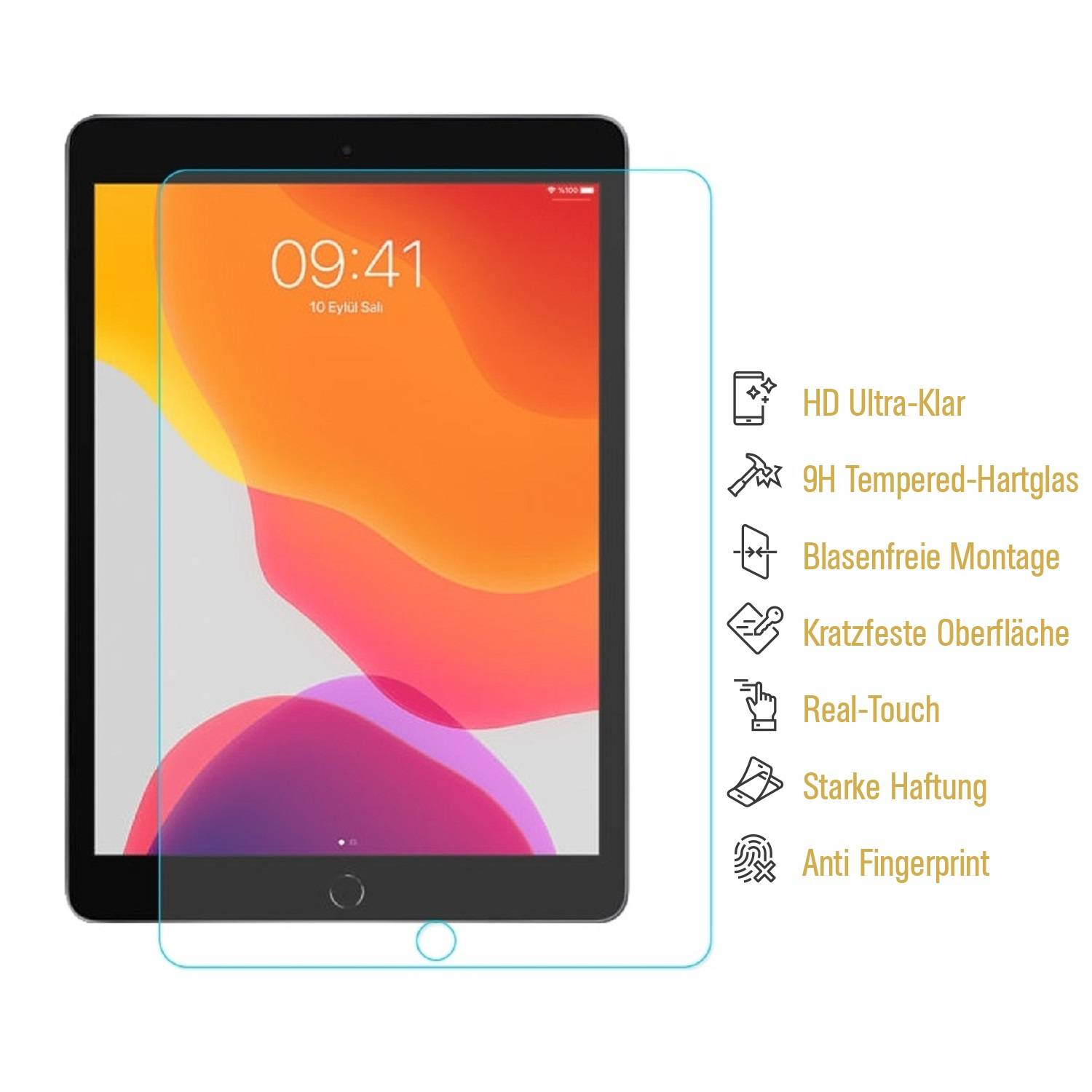 Tablet mit aufgeklebtem durchsichtigem Displayschutz. Merkmale: HD-Klarheit, 9H-Härte, blasenfrei, kratzresistent, natürliches Anfühlgefühl, starke Haftung, Fingerabdruckschutz.