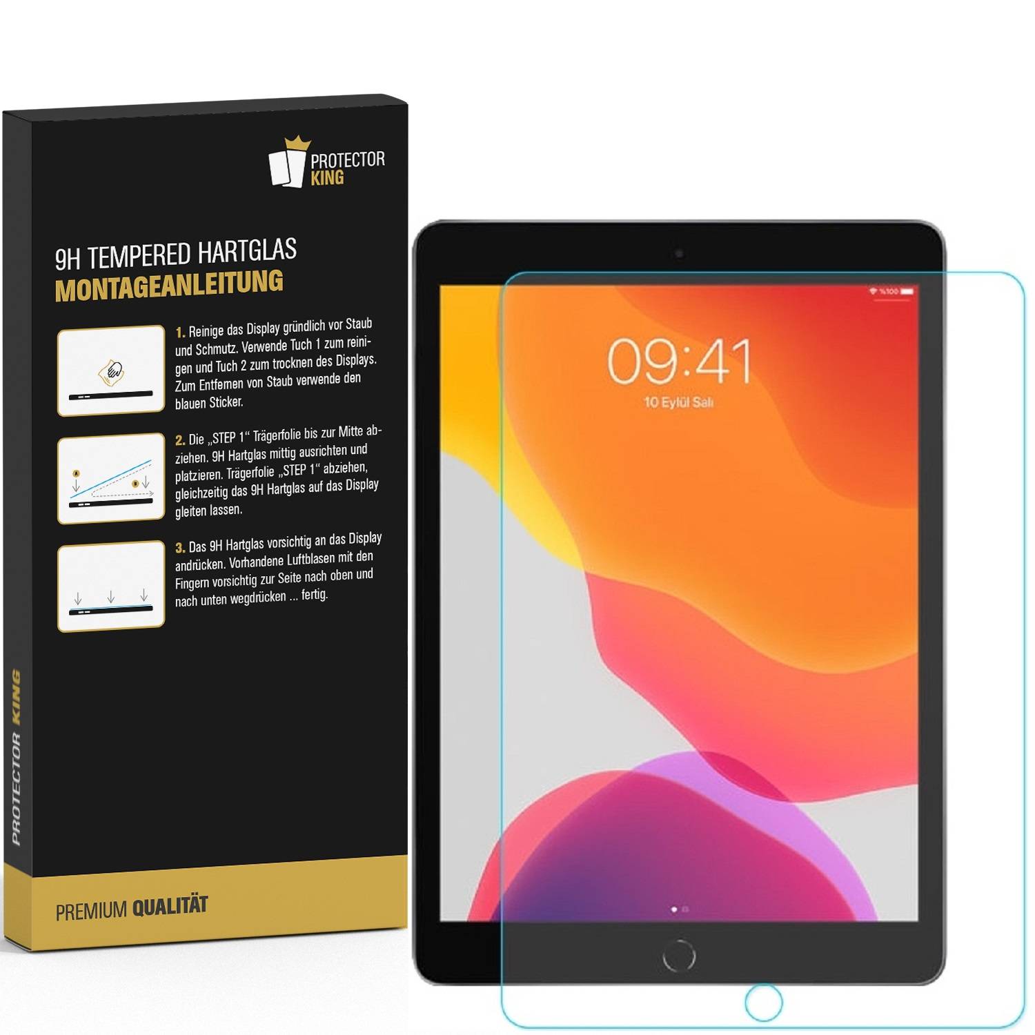 9H Hartglas Displayschutz von Protector King' Verpackung neben einem iPad mit dem für die Anbringung ausgerichteten Schutzglas.
