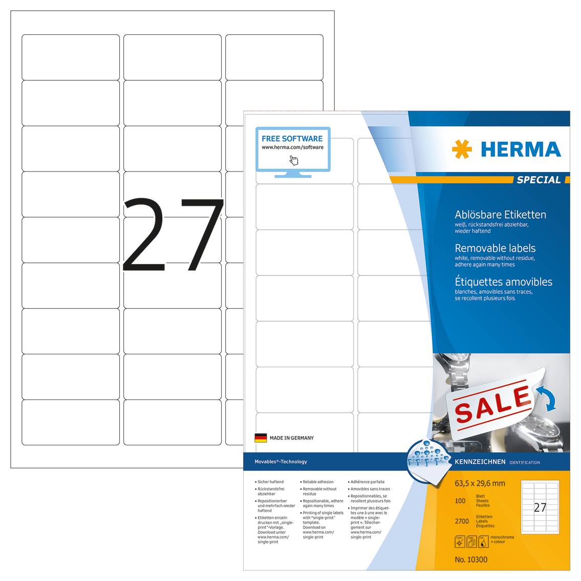 HERMA Special - Papier - matt - selbstklebend, entfernbarer Klebstoff - weiß - 63.5 x 29.6 mm 2700 Etikett(en) (100 Boge
