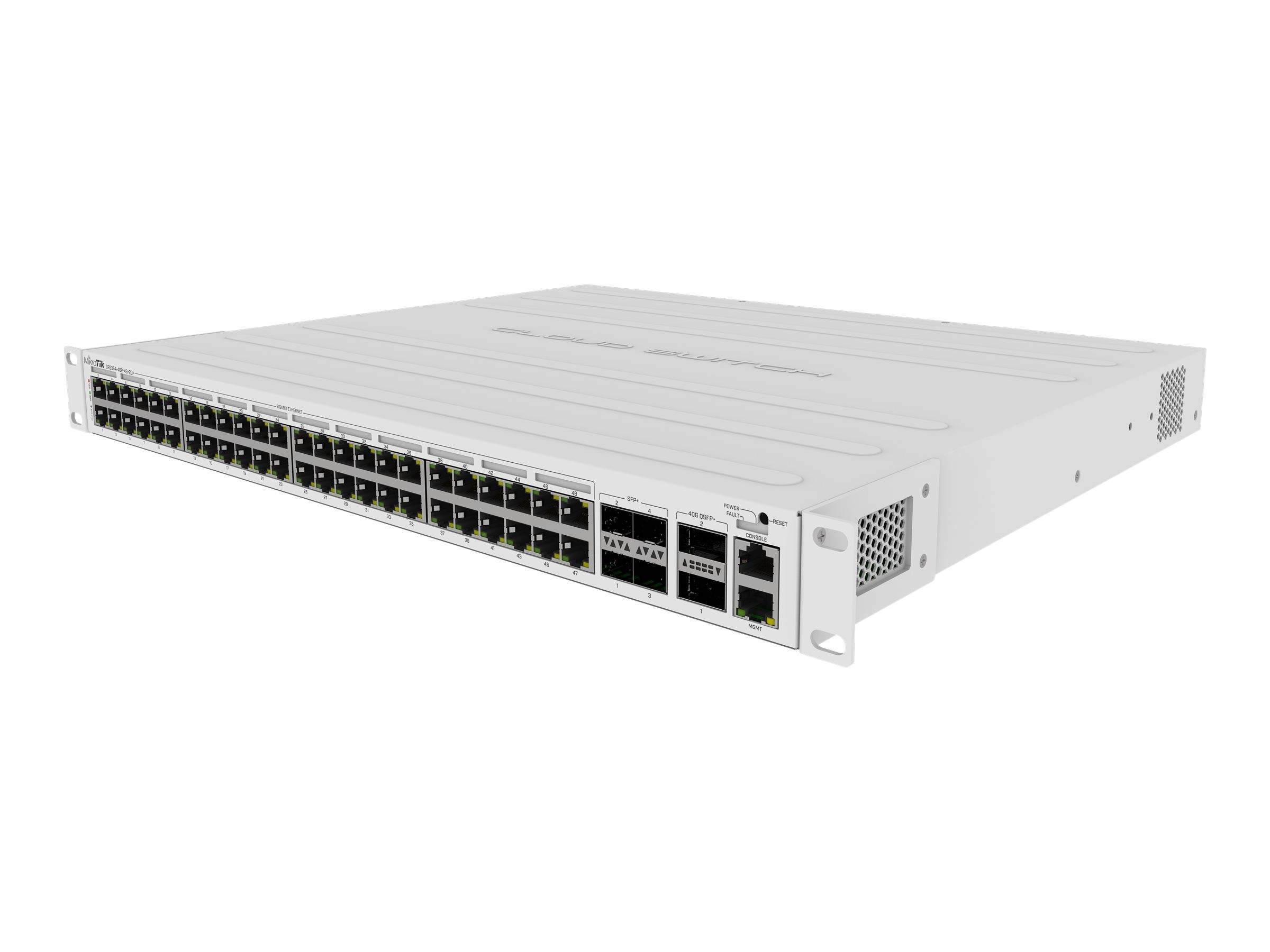 Vorderansicht von links einer weißen Rack-montierten Netzwerk-Switch mit vielen Ethernet-Ports und einigen Uplink-Steckplätzen auf einem einfachen Hintergrund.