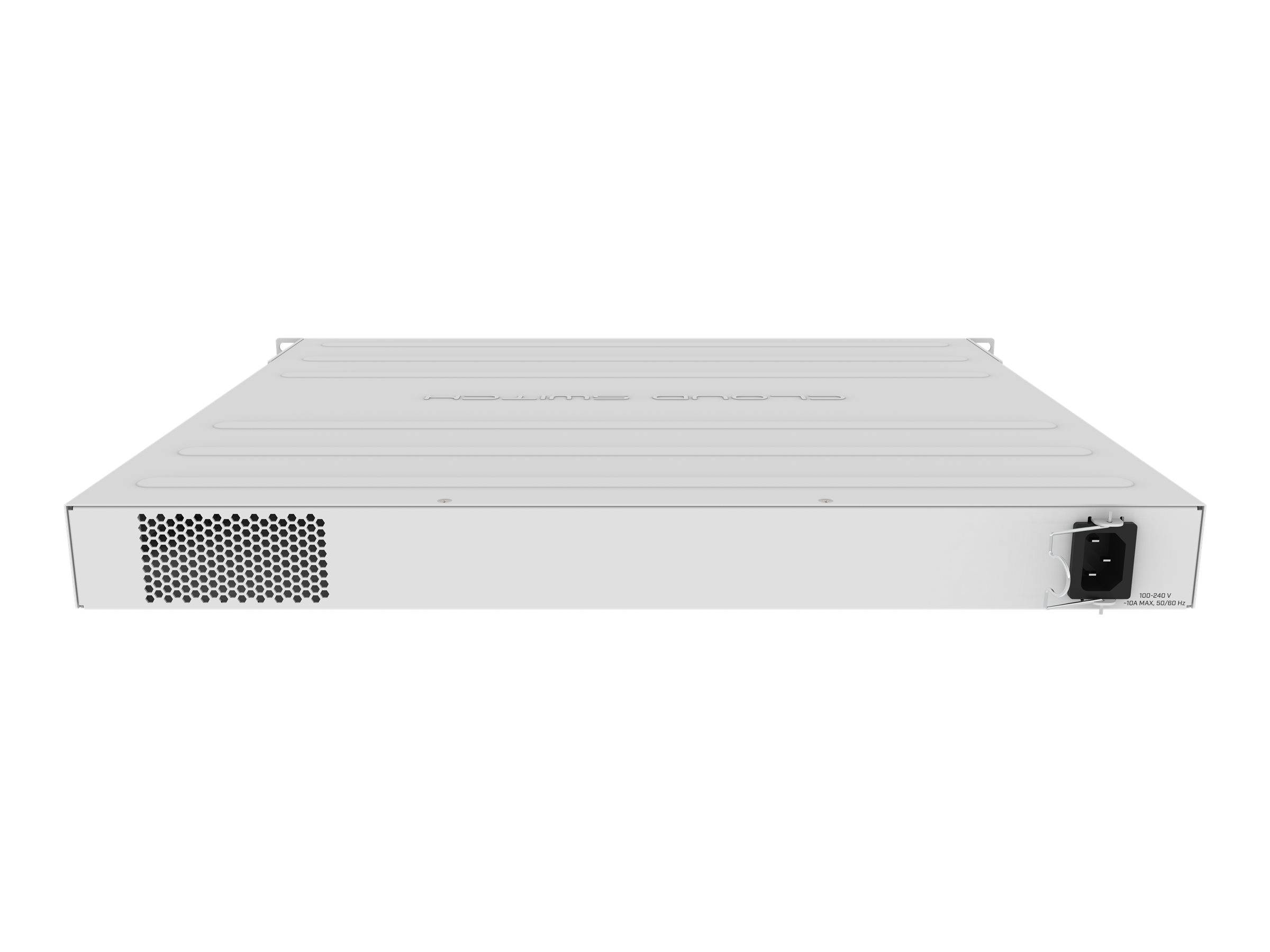 Vorderansicht eines silbernen Rack-Mount-Servers oder einer Appliance mit Belüftungsgitter auf der linken Seite und Stromeingang auf der rechten Seite vor weißem Hintergrund