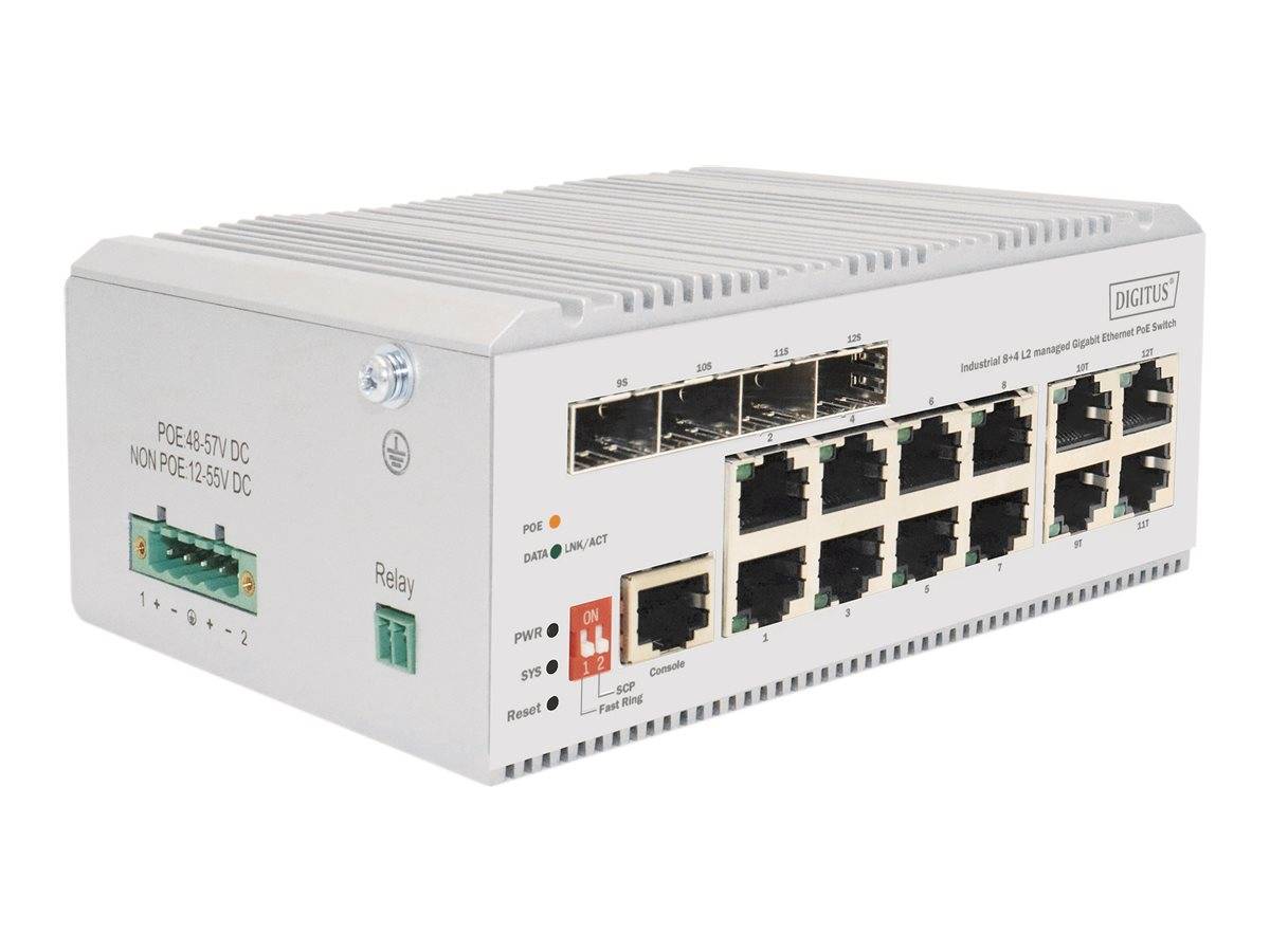 DIGITUS - 8 Port Gigabit Ethernet Netzwerk PoE Switch, Industrial, L2 managed, 4 SFP Uplink