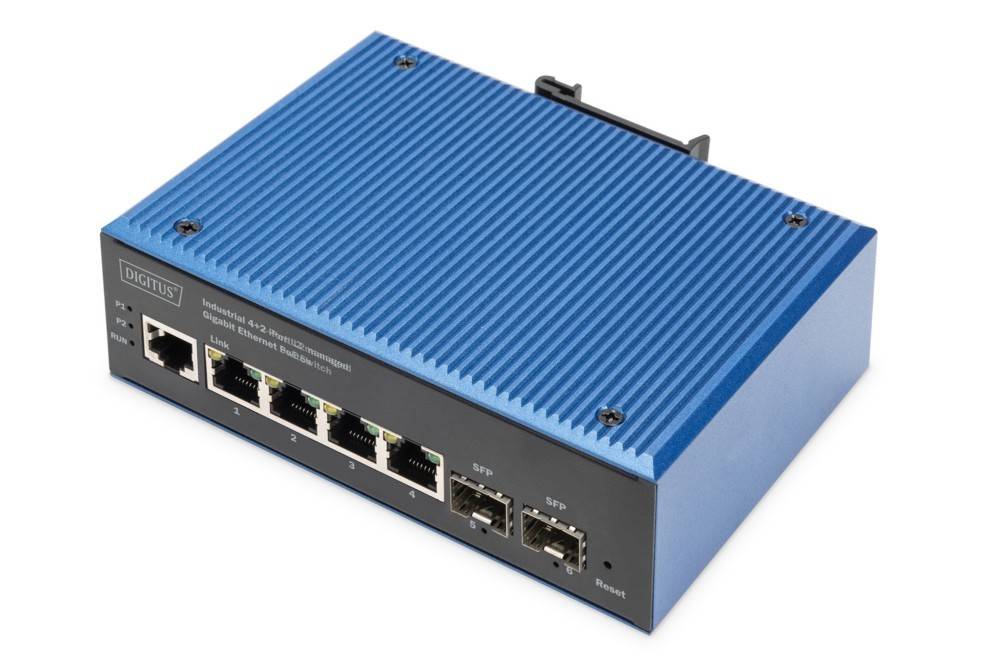 Ein blauer industrieller Ethernet-Switch mit mehreren Ports an der Vorderseite, der für die Netzwerkverbindung in industriellen Umgebungen verwendet wird.