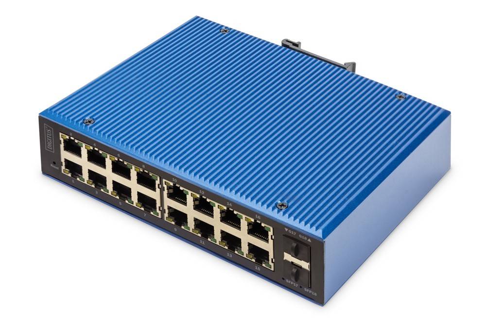 Ein blauer industrieller Ethernet-Switch mit 24 Anschlüssen, geeignet für Netzwerkverbindungen in rauen Umgebungen, der ein robustes Design aufweist.