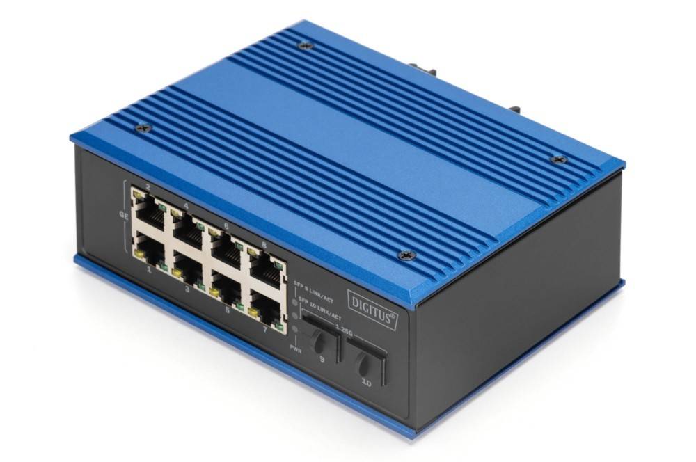 Ein blauer Netzwerk-Switch mit acht Ethernet-Ports und der Aufschrift 'DIGITUS' auf dem Frontpanel.