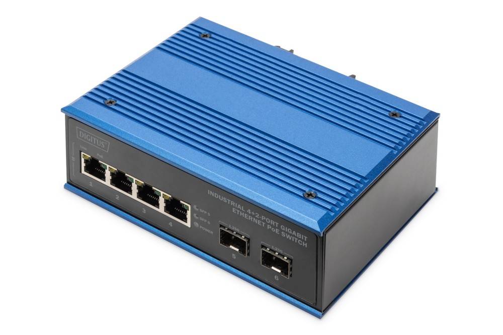 Ein blauer industrieller 8-Port-Gigabit-Ethernet-PoE-Switch mit vier Ethernet-Ports und zwei Glasfaserports, verwendet für die Vernetzung von Geräten.
