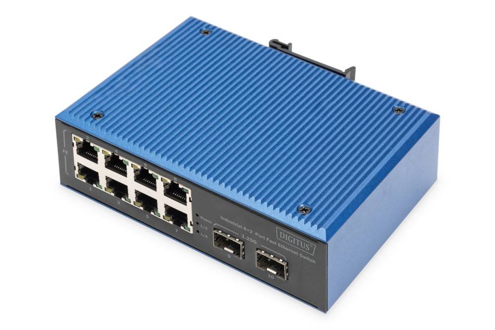Ein blauer industrieller Ethernet-Switch mit 8 Ports und 2 SFP-Steckplätzen, mit dem Etikett 'DIGITUS', der zum Verbinden von Netzwerkgeräten verwendet wird.