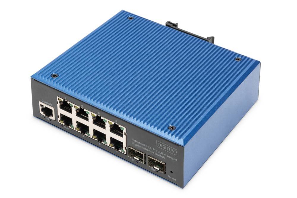Ein kleiner blauer industrieller Gigabit-Ethernet-Switch mit mehreren Netzwerk-Ports, entwickelt für Umgebungen, die eine hochgeschwindigte Konnektivität erfordern.