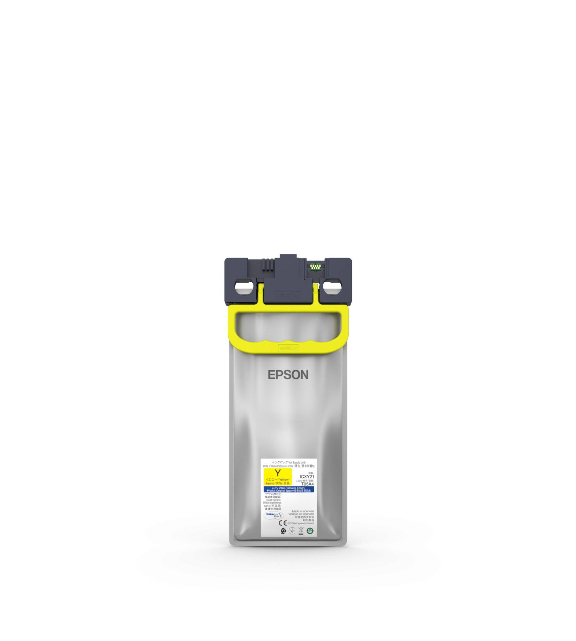 Gelbe Epson-Tintenpatrone mit schwarzem Deckel und gelbem Griff auf weißem Hintergrund.