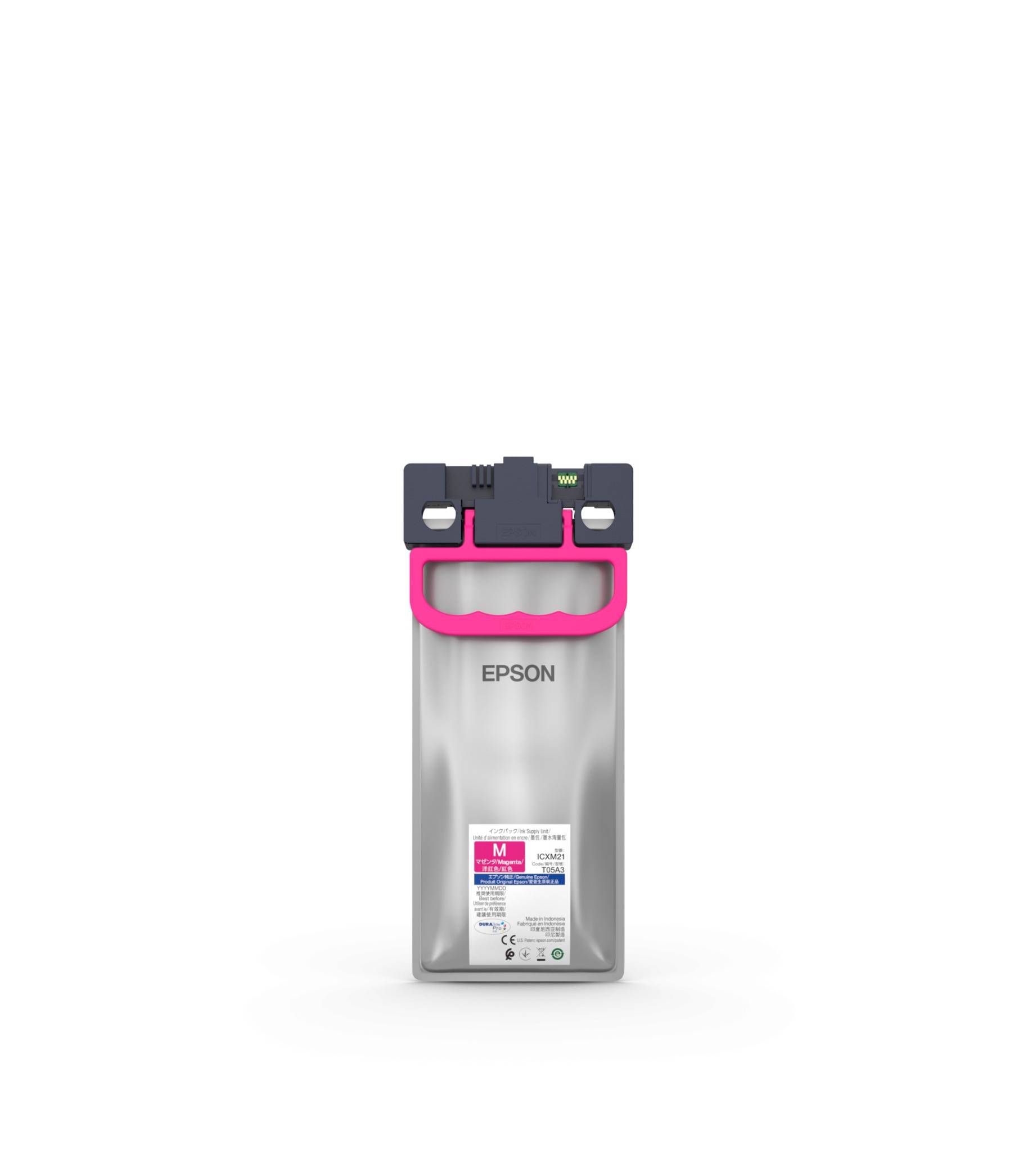 Epson Magenta-Tintenpatronenbeutel mit schwarzem Steckanschluss oben und rosa griffähnlicher Verriegelung, aufrecht auf weißem Hintergrund dargestellt.