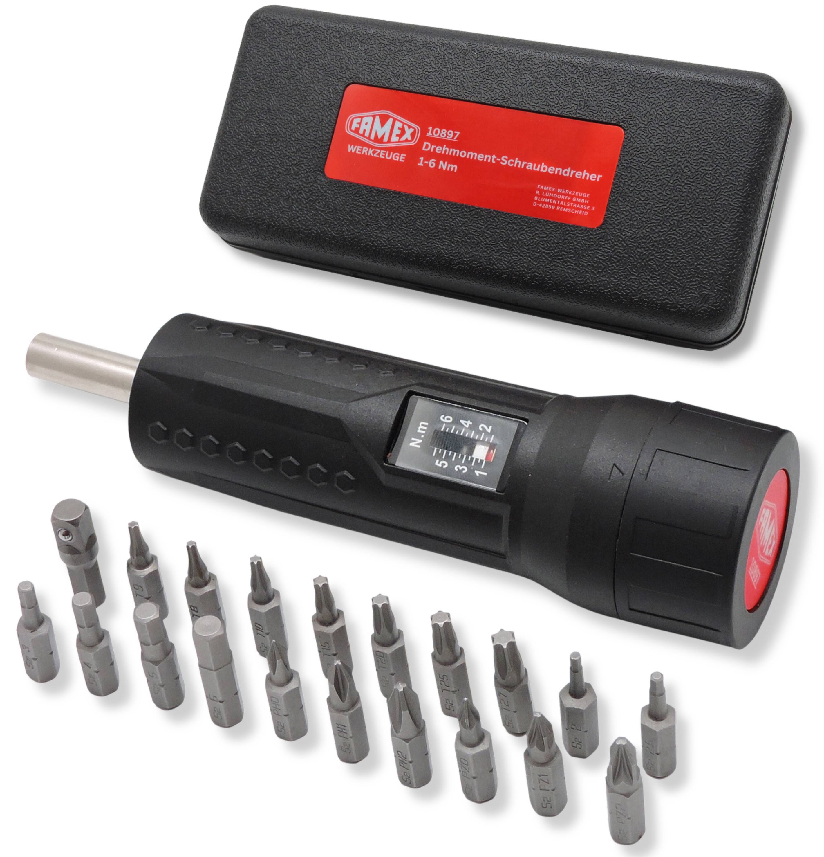 Famex 10897 Drehmomentschraubendreher 1/4 Zoll, 1-6 Nm Drehmomentschlüssel mit Bits und Adapter