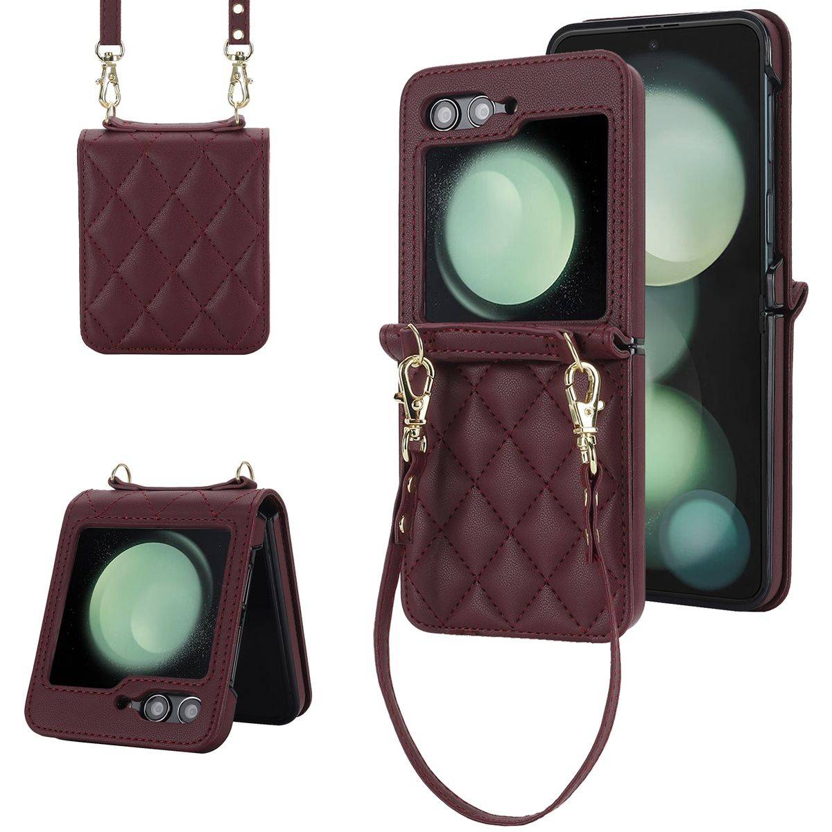 Für Samsung Galaxy Z Flip5 5G Kunstleder Handy Tasche + Umhängeband