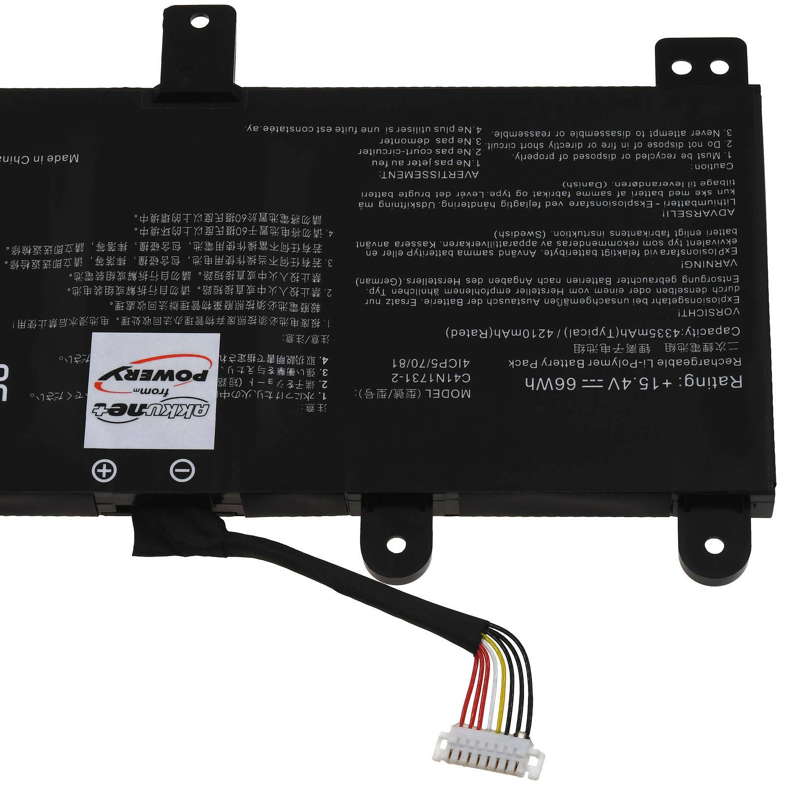 Schwarze wiederaufladbare Batteriepacks mit Anschllusskabel und Befestigungslaschen, beschriftet mit „Power