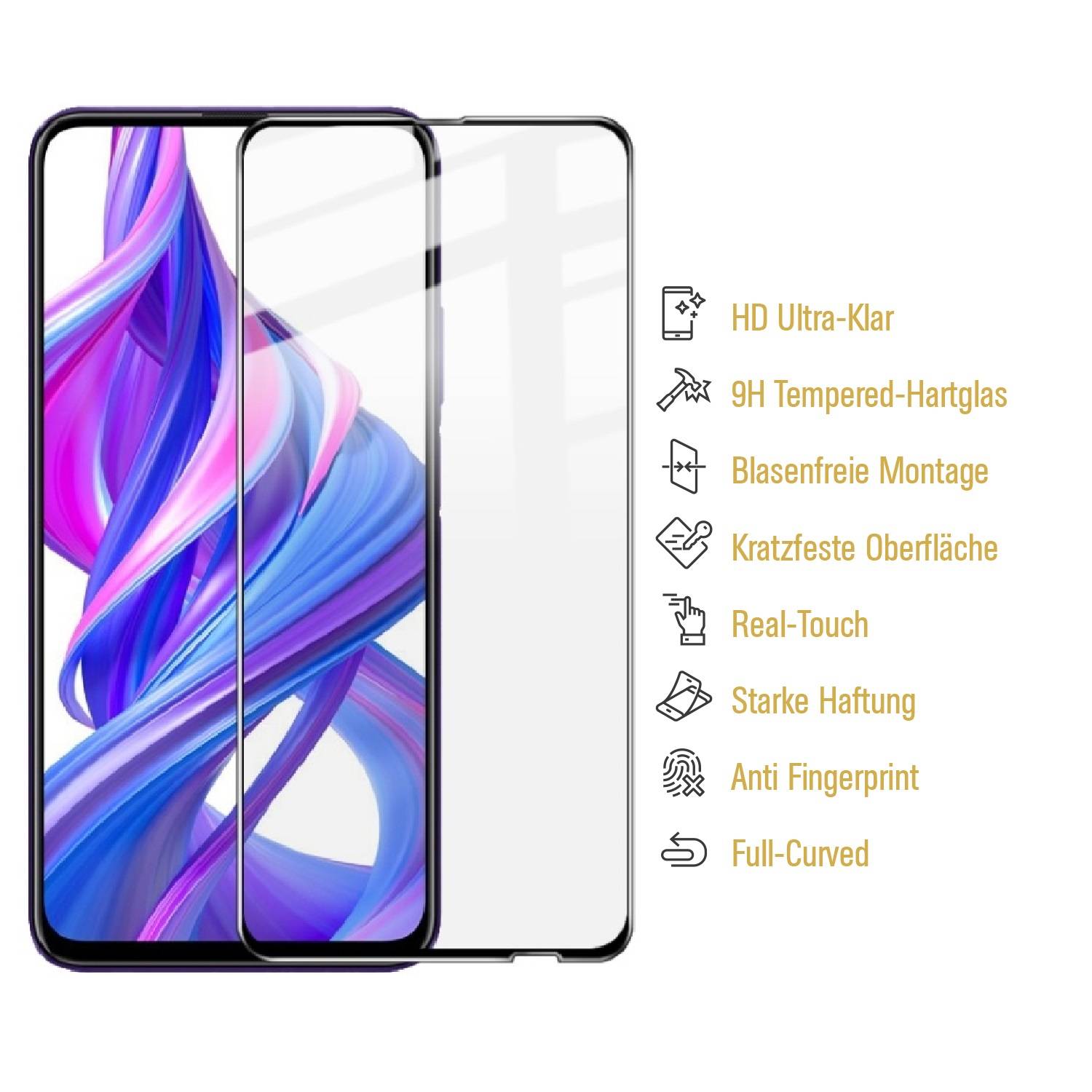 6x Hartglas für Huawei Honor 9X FULL COVER Displayschutz Panzerfolie HD SW Klar Panzerglas Schutzglas
