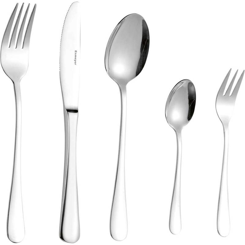 Fünfteiliges Besteck-Set aus Edelstahl, bestehend aus zwei Gabel, einem Messer und zwei Löffeln, angeordnet auf weißem Hintergrund.