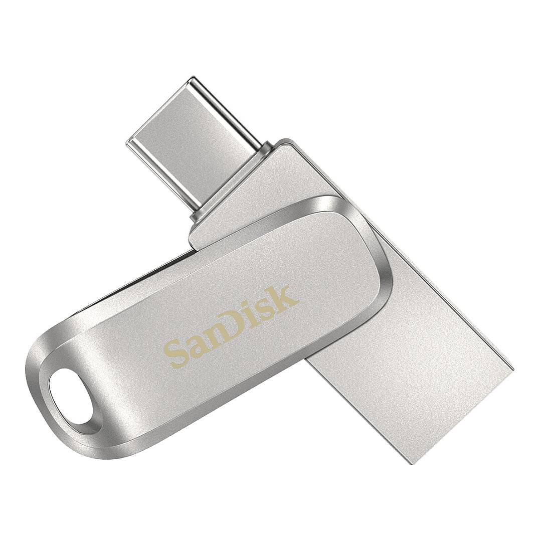 Ein silberner SanDisk USB-Stick mit drehbarem Schutzdeckel, ausgestattet mit USB-C- und USB-A-Anschlüssen.
