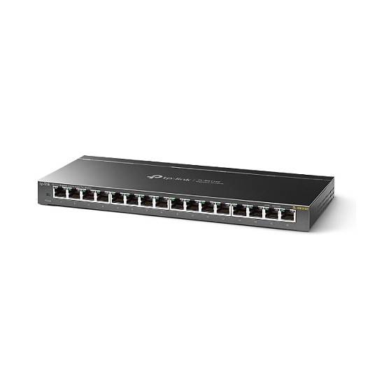 Ein schwarzer 16-Port-Ethernet-Netzwerk-Switch mit dem Markenlogo oben, wird zum Verbinden mehrerer Geräte in einem lokalen Netzwerk verwendet.