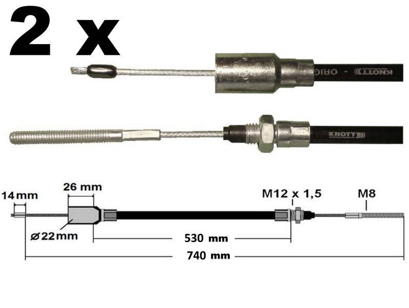 2 x Knott - Bremsseil 33921-1.02 Hüllenlänge: 530 mm - Gesamtlänge: 740 mm