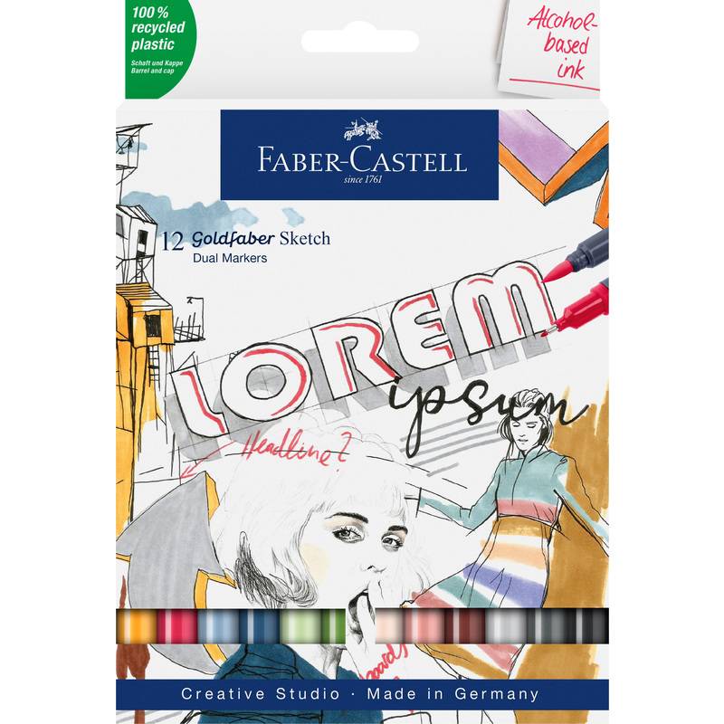 Packung Faber-Castell Goldfaber Sketch Doppelspitzmarker, 12er-Set, mit handgezeichneter Illustration und Aufklebern „100% recycelter Kunststoff
