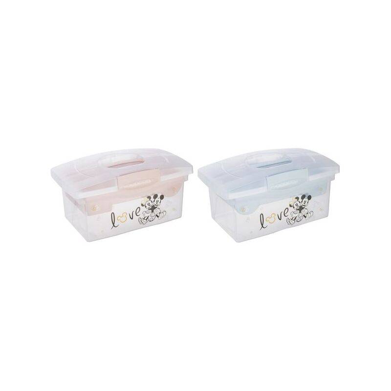 Zwei transparente Aufbewahrungsboxen nebeneinander, eine rosa und eine blau, jeweils mit einem 'Love'-Text und einer Cartoon-Charakterdesign-Seite.