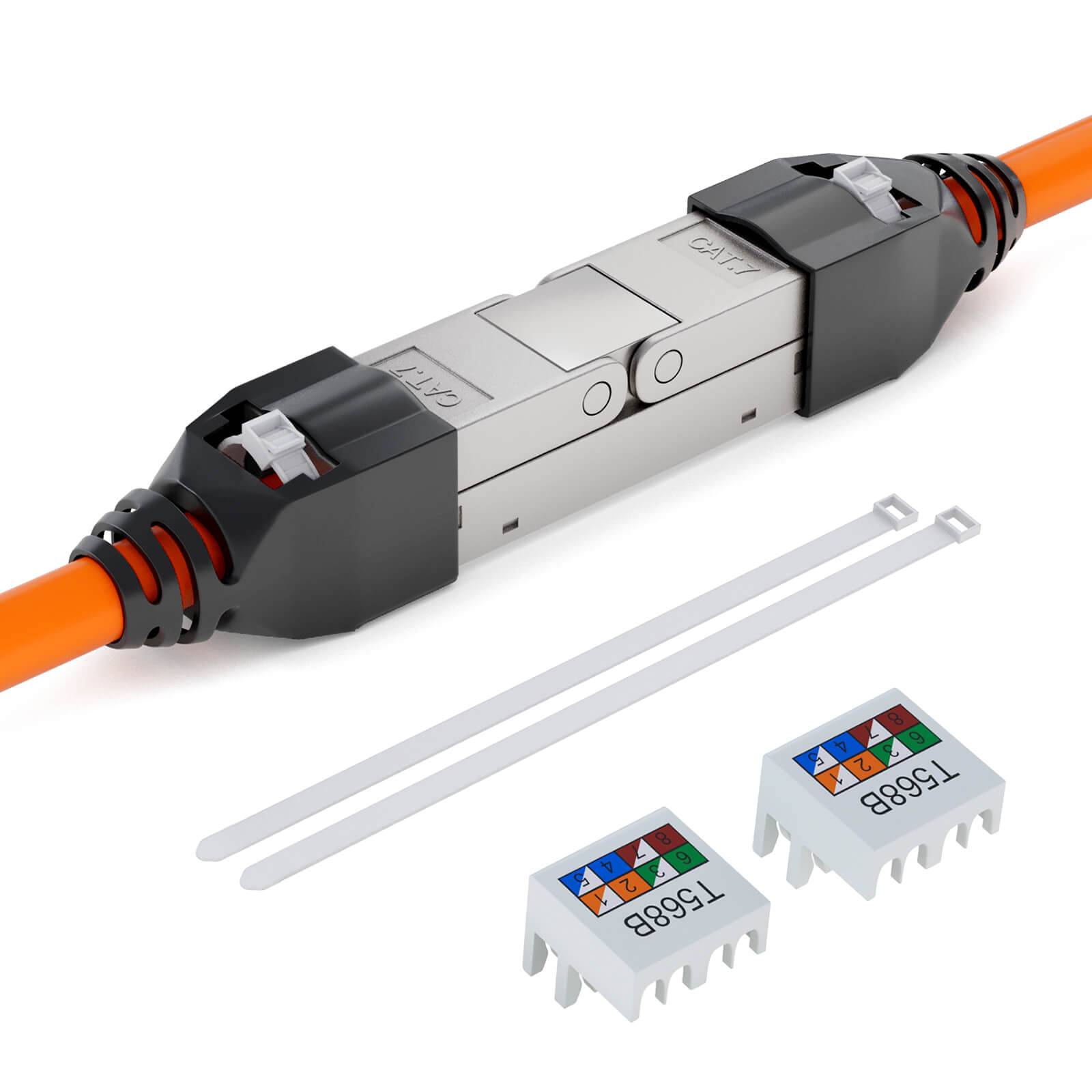 Inline wasserdichter Ethernet-Kabelkuppler mit zwei weißen Kabelbindern und zwei abnehmbaren T568B/T568A-Verdrahtungsleitfäden.