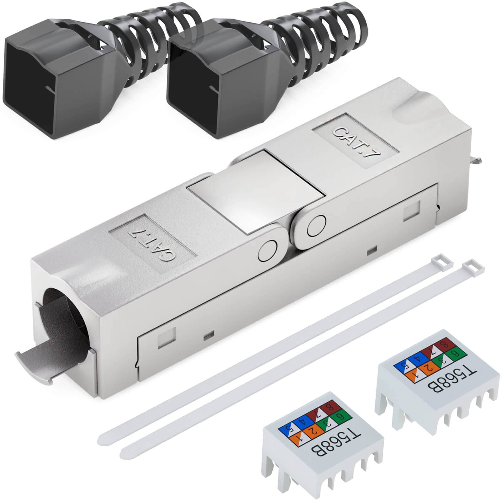 CAT 7 Ethernet-Kabelverbinder-Baugruppe mit Metallschirm, Zugentlastungsstiefel, Drahtführungen und beschrifteten T568B/T568A-Auflegetasten-Anschlüssen.