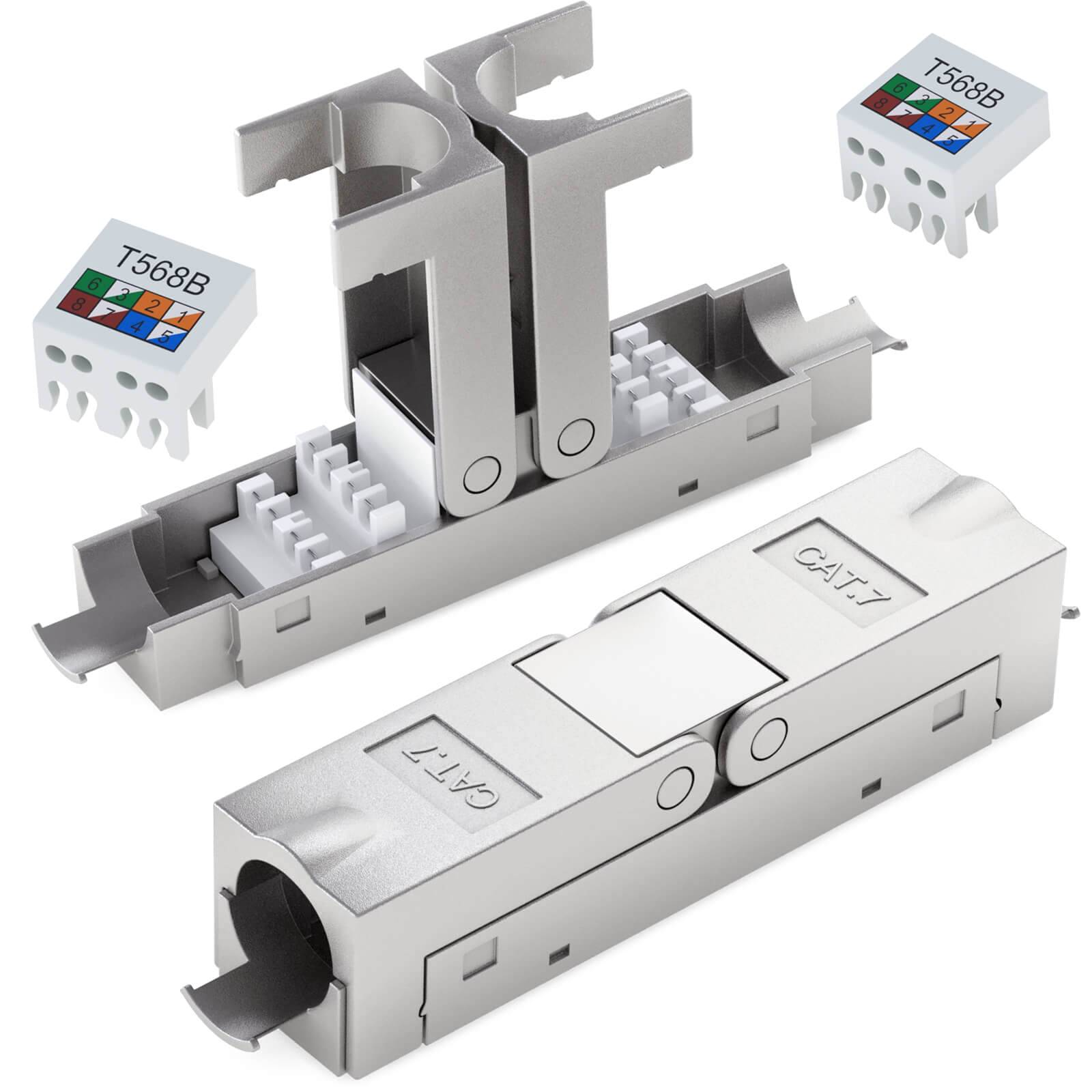 Explosionszeichnung eines RJ45-Netzwerkkabelsteckers mit Metallgehäuse, internen Kontaktblöcken und T568B-Verdrahtungsetiketten, die als Montageanleitung angezeigt werden.