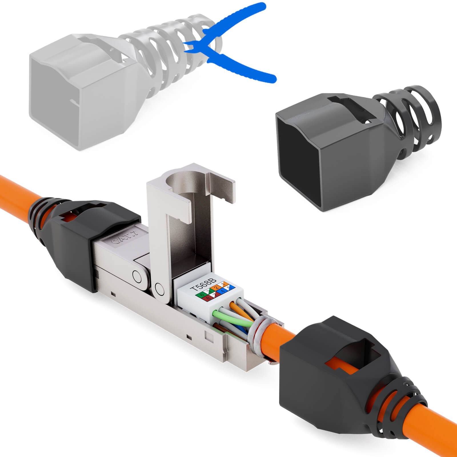 Explosionszeichnung eines Ethernet-Kabelsteckers, die eine Zugentlastungshülse, eine Metallklammer und eine RJ45-Steckereinheit zeigt.
