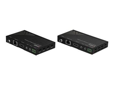 Zwei schwarze elektronische Geräte mit mehreren Anschlüssen, einschließlich HDMI- und Audioports, nebeneinander platziert.