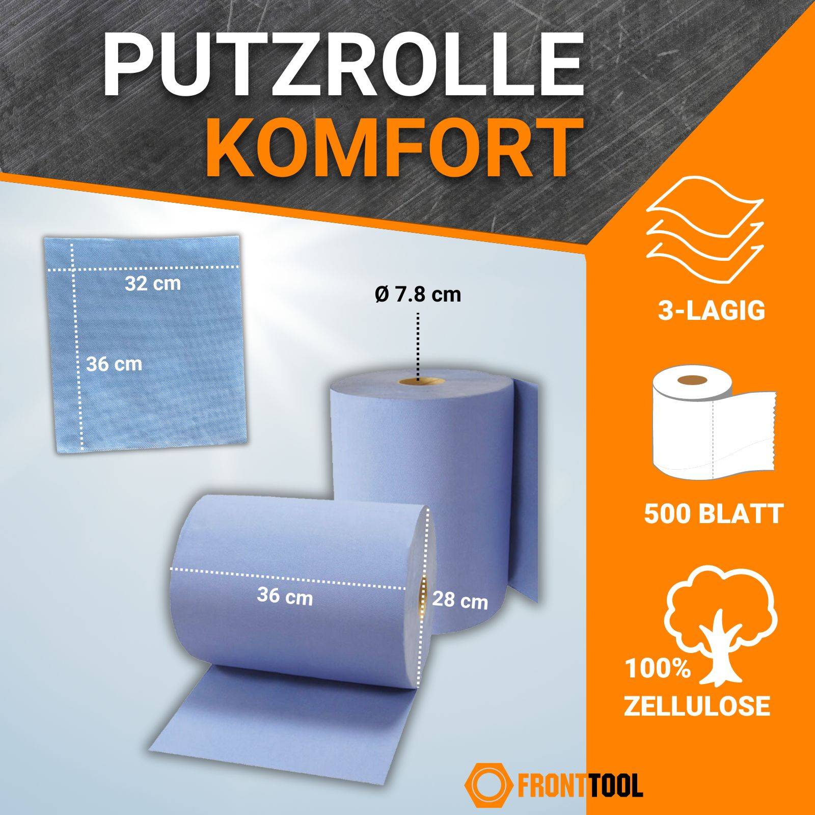 FRONTTOOL Papierrolle Komfort 3-lagig 2x 500 Blatt
