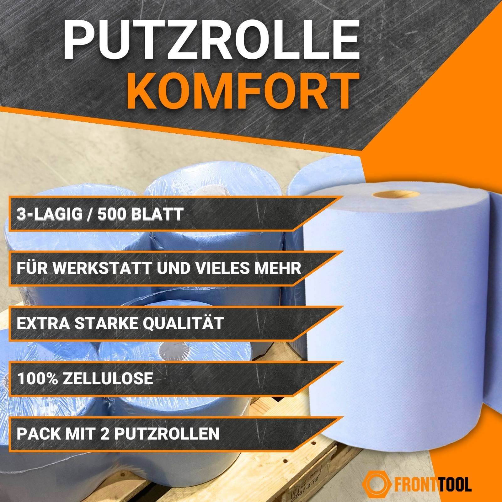 FRONTTOOL Papierrolle Komfort 3-lagig 2x 500 Blatt inkl. Wandhalter
