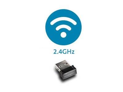 Ein USB-Wireless-Adapter mit einem Wi-Fi-Symbol darüber und der Beschriftung „2,4GHz
