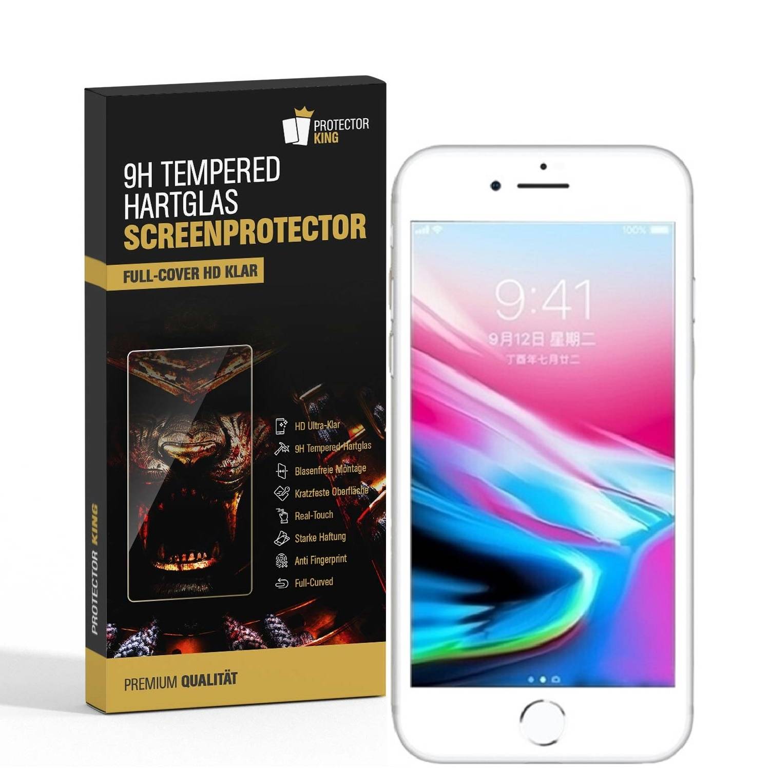1x 9H Hartglasfolie für iPhone 8 Plus FULL COVER 3D Panzerfolie Displayfolie WS