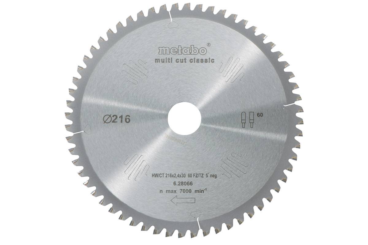 Kreissägeblatt HW/CT 216 x 30 x 2,4/1,8, Zähnezahl 60, Flach-Trapezzahn, Spanwinkel 5° neg., Multi cut classic (628066000)